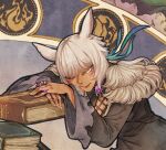  1girl animal_ears book cat_ears claw_ring closed_eyes dark-skinned_female dark_skin facial_mark feather_hair_ornament feather_trim feathers final_fantasy final_fantasy_xiv grey_hair hair_ornament hjz_(artemi) miqo&#039;te short_hair sleeping solo whisker_markings y&#039;shtola_rhul 