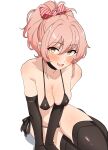  1girl absurdres bare_shoulders bikini black_bikini black_choker black_gloves black_thighhighs blush bow breasts choker cleavage collarbone elbow_gloves gloves hair_bow highres idolmaster idolmaster_cinderella_girls jougasaki_mika large_breasts long_hair looking_at_viewer open_mouth pink_hair seihekiog side-tie_bikini_bottom simple_background smile solo striped striped_bow swimsuit thighhighs thighs white_background yellow_eyes 