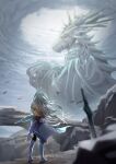  1girl 1other absurdres arknights arm_tattoo bare_back bird black_bra blurry blurry_foreground bone boots bra bridge cloud commentary dragon facing_away frpr3284 full_body grey_hair grey_sky highres kirin_(armor) kirin_x_yato_(arknights) long_hair monster_hunter:_world monster_hunter_(series) outdoors planted planted_sword sword tattoo underwear weapon white_footwear yato_(arknights) 