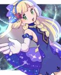  1girl blonde_hair blunt_bangs braid donguri_big dress elbow_gloves eyelashes flower gala_dress gloves green_eyes hair_flower hair_ornament headband highres jewelry lillie_(anniversary_2021)_(pokemon) lillie_(pokemon) long_hair looking_at_viewer neck_ring open_mouth outstretched_hand pokemon pokemon_(game) pokemon_masters_ex purple_dress purple_headband sky sleeveless sleeveless_dress smile solo star_(sky) starry_sky teeth twin_braids upper_teeth_only white_gloves 