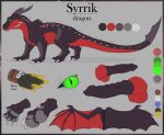  5_toes balls black_body claws colored digitigrade dragon erection feathers feet feral genitals green_eyes horn lady-darkstreak male membrane_(anatomy) membranous_wings model_sheet monstrous_(artist) nude pawpads paws penis red_body snout solo spikes syrrik tail text toe_claws toes wings zoom_in 