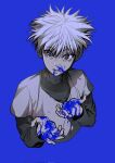  1boy blood blood_on_face blood_on_hands blue_background blue_blood dlfjs4763003 hunter_x_hunter killua_zoldyck layered_sleeves long_sleeves looking_at_viewer male_child male_focus shirt short_hair short_over_long_sleeves short_sleeves simple_background solo stylized_blood upper_body white_hair white_shirt 