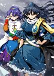  2girls black_coat black_hair blue_dress blue_eyes blue_hair blue_headwear cloak closed_mouth coat dress frilled_dress frills hair_between_eyes hairband hat highres iizunamaru_megumu long_hair long_sleeves mizumoto_tadashi multicolored_clothes multicolored_dress multicolored_hairband multiple_girls open_mouth rainbow_gradient red_eyes short_hair shoulder_guard sleeveless sleeveless_coat sleeves_past_elbows smile tenkyuu_chimata tokin_hat touhou white_cloak 