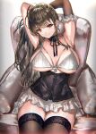  1girl armpits arms_up black_hair black_thighhighs blush breasts chair cleavage closed_mouth collarbone commentary highres large_breasts long_hair original ran&#039;ou_(tamago_no_kimi) red_eyes sitting smile symbol-only_commentary thighhighs thighs underboob 