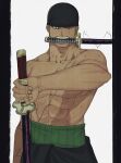  1boy bake_ryori bandana biting black_bandana black_headwear earrings grey_eyes haki hand_up haramaki highres holding holding_sword holding_weapon jewelry male_focus muscular muscular_male one_eye_closed one_piece roronoa_zoro scar scar_across_eye scar_on_chest solo sword topless_male weapon white_background 