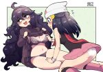  2girls :o ahoge beanie black_hair black_shirt black_socks blush boots bra bracelet breasts chichibu_(watson) clothes_lift commentary_request curly_hair dawn_(pokemon) dress dress_lift flying_sweatdrops grabbing grabbing_another&#039;s_breast grey_eyes hair_between_eyes hair_ornament hairband hairclip hat hex_maniac_(pokemon) jewelry kneehighs lifted_by_self long_hair multiple_girls navel open_mouth panties pink_footwear pink_skirt pokemon pokemon_(game) pokemon_dppt pokemon_xy poketch red_scarf scarf shirt sitting skirt sleeveless sleeveless_shirt socks sweat tongue underwear watch white_headwear white_panties wristwatch yuri 