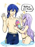  1boy 1girl alternate_costume bikini blue_hair breasts brother_and_sister circlet closed_eyes english_text fire_emblem fire_emblem:_genealogy_of_the_holy_war hands_up julia_(fire_emblem) long_hair ocean open_mouth ponytail purple_eyes purple_hair seliph_(fire_emblem) shorts siblings simple_background smile sparkle stomach swimsuit topless_male water_gun white_bikini yukia_(firstaid0) 