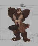  2023 4_toes absurd_res anthro armpit_hair balls black_nipples black_nose bodily_fluids body_hair brown_body brown_fur brown_hair chest_tuft dialogue english_text feet foreskin fur genitals grey_background gulonine hair hi_res higgs_(higgsfigs) higgsfigs humanoid_genitalia humanoid_penis locker locker_room male mammal muscular muscular_anthro muscular_male mustelid musteline nipples one_eye_closed orange_sclera penis simple_background smile solo sweat text toes tuft vein veiny_penis wolverine 