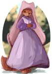  2023 absurd_res anthro blurred_background blush brown_body brown_fur canid canine clothed clothing dated digital_media_(artwork) disney female fox full-length_portrait fully_clothed fur hi_res maid_marian mammal portrait robin_hood_(disney) signature smile solo standing tohupo 