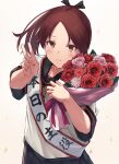  1girl black_ribbon black_skirt blush bouquet brown_eyes brown_hair flower hair_ribbon highres holding holding_bouquet i-coat kantai_collection looking_at_viewer pink_flower ponytail red_flower ribbon sailor_collar school_uniform serafuku shikinami_(kancolle) shikinami_kai_ni_(kancolle) short_sleeves simple_background skirt smile solo v 