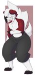  2021 3_toes anthro barefoot black_bottomwear black_clothing black_hair black_pants bottomwear clothed clothing dewwydarts eyes_obscured feet fur generation_7_pokemon hair hair_over_eye hi_res levi_(dewwydarts) lycanroc male midnight_lycanroc multicolored_body multicolored_fur multicolored_hair nintendo one_eye_obstructed pants pokemon pokemon_(species) red_body red_fur sharp_teeth simple_background solo standing teeth toes topless topless_anthro topless_male two_tone_body two_tone_fur two_tone_hair white_body white_fur white_hair 