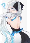  1girl ? back backless_dress backless_outfit black_dress black_ribbon blue_eyes blue_hair blush breasts commentary_request dress fate/grand_order fate_(series) from_behind gradient_hair grey_hair hair_ribbon hand_in_own_hair highres large_breasts long_hair looking_at_viewer morgan_le_fay_(fate) multicolored_hair ponytail re_re9315 ribbon sideboob solo twitter_username two-tone_dress very_long_hair white_dress white_sleeves 