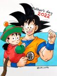  2022 2boys a24wks alternate_color black_eyes black_hair carrying child chinese_clothes commentary dougi dragon_ball dragon_ball_(object) dragon_ball_z father&#039;s_day father_and_son highres male_child male_focus marker_(medium) monkey_tail multiple_boys open_mouth signature smile son_gohan son_goku tail traditional_media wristband 