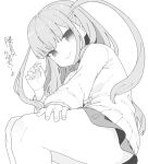  character_request clothing_request copyright_request flamberge_lo gesture_request greyscale holding_shogi_piece looking_at_viewer monochrome shogi_piece sitting skirt smug sweater thighs translation_request twintails 