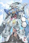  1boy 1girl absurdres aida_rayhunton beam_rifle bellri_zenam bikini bird black_hair blue_eyes blue_sky breasts brother_and_sister cloud day energy_gun g-self green_eyes gull gundam gundam_g_no_reconguista hair_between_eyes hair_ornament highres long_hair mecha mobile_suit nobell ocean open_mouth orange_hair outdoors red_eyes robot rock science_fiction seabird seagull short_hair siblings sky smile swimsuit water waves weapon yasuda_akira 