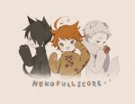  1girl 2boys animal_ears animal_hands awarin black_hair black_shirt blue_eyes brown_shirt emma_(yakusoku_no_neverland) green_eyes highres multiple_boys norman_(yakusoku_no_neverland) open_mouth orange_hair ray_(yakusoku_no_neverland) shirt smile tail upper_body white_background white_hair white_shirt yakusoku_no_neverland 