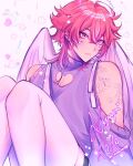  1boy angel_wings arm_tattoo cleavage_cutout closed_mouth clothing_cutout ear_piercing expressionless halo heart_on_cheek highres looking_at_viewer male_focus medium_hair mih0 off-shoulder_shirt off_shoulder original pectoral_cleavage pectorals piercing pink_eyes pink_hair purple_shirt shirt solo star_(symbol) tattoo thighhighs white_background white_thighhighs wings 