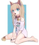  1girl absurdres animal_ears bare_shoulders blue_eyes cat_ears cat_girl cat_tail copyright_request evermind full_body highres kinako_(40hara) long_hair looking_at_viewer on_floor open_mouth simple_background solo tail thighhighs white_background 
