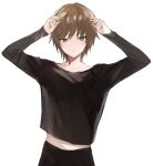  1girl arms_up black_pants black_shirt brown_hair closed_mouth collarbone grey_eyes hair_between_eyes highres long_sleeves looking_at_viewer lpip midriff_peek original pants shirt short_hair simple_background sleeves_past_wrists solo white_background 