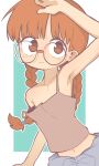  1girl arm_up armpits bare_shoulders braid brown_camisole brown_eyes camisole closed_mouth collarbone copyright_request glasses highres long_hair looking_at_viewer low_twin_braids midriff_peek navel orenji_(wholesomeorenji) rectangle rimless_eyewear simple_background smile solo strap_slip tareme twin_braids upper_body 