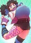  1girl aqua_background arms_behind_back bending_backward black_hair blue_hair blue_shirt blush body_writing breasts colored_skin denim denim_shorts foreshortening highres jacket large_breasts leg_up milestone_celebration multicolored_hair purple_eyes purple_footwear satsuki_ouhara shirt shoes shorts smile sneakers solo standing standing_on_one_leg streaked_hair striped striped_thighhighs teihen_no_daigaku_janaru thighhighs tongue tongue_out twintails white_jacket white_skin zyugoya 