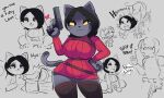  &lt;3 4_fingers absurd_res ada_wong_(resident_evil) anthro ashley_graham_(resident_evil) big_breasts big_ears black_body black_eyeshadow black_fur black_hair black_nose bottomwear breasts brown_thigh_boots capcom claws clothed clothing colored digital_media_(artwork) domestic_cat english_text eyelashes eyeshadow felid feline felis female fingers fur greyscale gun hair half-closed_eyes hand_on_hip handgun hi_res hissing holding_gun holding_handgun holding_object holding_pistol holding_weapon humor leon_kennedy_(resident_evil) makeup mammal monochrome mouse_tail moushley narrowed_eyes onigiri_punch open_mouth open_smile pistol pupils ranged_weapon red_clothing red_sweater red_topwear resident_evil scarf short_hair simple_background skirt slit_pupils smile solo speech_bubble standing sweater tail text topwear weapon 