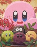  blue_eyes blush_stickers brown_footwear closed_mouth flower food food_focus highres kirby kirby_(series) looking_at_viewer miclot no_humans ohagi_(food) open_mouth red_flower shoes smile sparkling_eyes spider_lily 