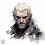  1boy artist_logo beard facial_hair geralt_of_rivia looking_at_viewer niranelart portrait simple_background solo the_witcher_(series) white_background white_hair 