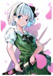  1girl absurdres black_bow black_bowtie black_hairband bow bowtie closed_mouth collared_shirt commentary english_commentary green_skirt green_vest grey_hair hairband highres konpaku_youmu looking_at_viewer shirt short_hair short_sleeves skirt solo touhou vanilla_flan vest white_shirt 