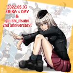  1girl ankle_boots anniversary artist_logo black_footwear black_headwear black_jacket black_socks blue_eyes boots collage_background commentary dated english_text from_side garrison_cap girls_und_panzer grey_hair grin hat insignia itsumi_erika jacket kuromorimine_military_uniform long_sleeves looking_at_viewer medium_hair military_hat military_uniform miniskirt nishi_itsumi pleated_skirt red_skirt sitting skirt smile socks solo twitter_username uniform v 