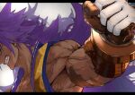  1boy bare_pectorals bhima_(fate) dark-skinned_male dark_skin fate/grand_order fate_(series) gauntlets highres kdm_(ke_dama) long_hair male_focus muscular muscular_male pectorals profile purple_hair purple_vest simple_background sleeveless solo upper_body veins veiny_arms very_long_hair vest white_background 