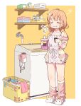  1girl animal_slippers basket blue_towel border bottle breasts bunny_slippers buttons closed_mouth clothes_pin collarbone commentary_request facing_viewer faucet full_body gochuumon_wa_usagi_desu_ka? hair_dryer highres holding holding_bottle hoto_cocoa jacket laundry_basket leg_warmers loungewear messy_hair mohei motion_lines mouthwash multicolored_clothes multicolored_jacket open_clothes open_jacket orange_hair pink_jacket pink_leg_warmers pink_shirt pink_shorts pink_towel pom_pom_(clothes) shelf shirt short_hair shorts simple_background single_bare_shoulder slippers small_breasts solo spray_bottle standing striped striped_jacket sun_symbol towel two-tone_jacket washing_machine wavy_mouth white_border white_footwear white_towel yellow_background yellow_jacket 
