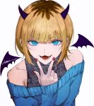  1girl black_horns blonde_hair blue_eyes blue_sweater blunt_bangs halterneck highres horns memcho off-shoulder_sweater off_shoulder open_mouth oshi_no_ko ratte_(cf) red_nails short_hair smile solo sweater v_over_mouth 