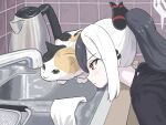  1girl bent_over black_choker black_hair black_sweater blue_archive calico cat choker coffee_maker_(object) commentary_request demon_girl demon_horns dishwasher facing_away faucet from_side hair_between_eyes halo head_rest highres hood hooded_sweater horns indoors kayoko_(blue_archive) kitchen long_hair long_sleeves looking_away multicolored_hair piercing ponytail profile red_eyes sidelocks sweater two-tone_hair unamaso white_hair 