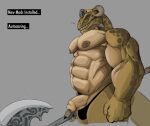  abs absurd_res anthro argonian axe balls belly bethesda_softworks clothing crown digital_media_(artwork) erection g-string genitals headgear hi_res horn humanoid_genitalia male musclegut muscular muscular_anthro muscular_male nipples overweight overweight_male pecs penis reptile scales scalie simple_background skyrim solo tail the_elder_scrolls trailmixtrail tyberus_(trailmixtrail) underwear weapon 