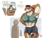  abs anthro black_hair clothes_store clothing embarrassed english_text felid front_view fur group hair hi_res human_to_anthro looking_away male mammal metro muscular muscular_anthro muscular_male orange_body orange_fur pantherine shy simple_background species_transformation speech_bubble striped_body stripes taitora text tiger transformation white_background 