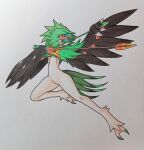  absurd_res anthro arrow_(weapon) avian black_wings decidueye feathers feet female generation_7_pokemon green_body green_feathers hi_res ideltasarc333 looking_at_viewer nintendo pokemon pokemon_(species) ranged_weapon solo talons toes weapon wings 