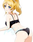  1girl absurdres artist_name ass ayase_eli azuresakura back black_bra black_panties blonde_hair blue_eyes blush bra closed_mouth commentary frilled_bra frills from_behind hair_tie highres lace-trimmed_panties lace_trim leaning_forward long_hair looking_at_viewer looking_back love_live! love_live!_school_idol_project panties ponytail signature simple_background smile solo standing underwear underwear_only white_background 