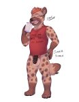  absurd_res anthro balls bastionshadowpaw biped bottomless bottomless_anthro bottomless_male clothed clothing english_text eyebrows eyes_closed eyewear flaccid genitals glasses hi_res holding_object humanoid_genitalia humanoid_penis hyena male mammal open_mouth penis red_clothing red_topwear solo tail text text_on_clothing text_on_topwear topwear 