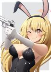  1girl ;) animal_ears black_leotard blonde_hair blue_archive breasts commentary_request elbow_gloves fake_animal_ears finger_on_trigger gloves gun hair_between_eyes halo highres holding holding_gun holding_weapon large_breasts leotard long_hair momoisaki42 one_eye_closed playboy_bunny pointing_gun rabbit_ears shokuhou_misaki simple_background smile solo sparkling_eyes spider_web_print strapless strapless_leotard toaru_kagaku_no_railgun toaru_majutsu_no_index upper_body weapon white_gloves 