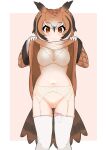  1girl bird_tail black_hair blush bra breasts brown_background brown_eyes brown_hair brown_sweater cleavage clothes_lift commentary_request eurasian_eagle_owl_(kemono_friends) female_masturbation garter_belt gloves highres kemono_friends light_frown looking_at_viewer masturbation medium_breasts multicolored_hair navel no_panties ollie_(ollie_stratos) owl_ears owl_girl owl_tail pussy sex_toy short_hair simple_background solo straight-on streaked_hair sweater sweater_lift tail thighhighs uncensored underwear vibrator vibrator_in_thighhighs white_bra white_gloves white_hair white_thighhighs 