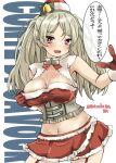  1girl absurdres alternate_costume breasts brown_eyes bustier character_name cleavage_cutout clothing_cutout conte_di_cavour_(kancolle) cowboy_shot dress frilled_dress frills fur-trimmed_headwear fur_trim gloves hat highres kantai_collection kitahama_(siroimakeinu831) large_breasts long_hair looking_at_viewer midriff one-hour_drawing_challenge red_gloves red_headwear red_skirt santa_hat skirt solo twitter_username two_side_up white_background 