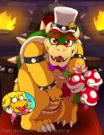  &lt;3 2023 anthro artist_name blush bouquet bow_tie bowser clothed clothing crossdressing duo elemental_creature fire flora_fauna genitals hat headgear headwear holding_own_penis kamek koopa looking_at_viewer male mario_bros nintendo open_mouth penis piranha_plant plant red_eyes scalie solo_focus speech_bubble standing tail the_super_mario_bros_movie top_hat vorechestra yellow_body 