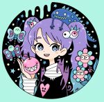  1girl :d animal apple aqua_hair bright_pupils bug butterfly cat commentary creature_on_head eyeball_hair_ornament flower food fruit garouma green_background hand_up highres holding holding_food holding_fruit long_hair long_sleeves looking_at_viewer multicolored_hair open_mouth original purple_eyes purple_hair red_ribbon ribbon round_image shirt smile solo star_(symbol) striped striped_shirt symbol-only_commentary twintails white_pupils 