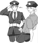  2boys :d alternate_costume alternate_hair_length alternate_hairstyle arm_up baba_(sizennha_pan2) belt blush collared_shirt cropped_legs danganronpa_(series) danganronpa_2:_goodbye_despair greyscale hair_between_eyes hand_on_own_hip hat highres hinata_hajime jacket komaeda_nagito long_sleeves looking_at_viewer male_focus monochrome multiple_boys necktie pants police police_uniform ponytail salute shirt short_hair short_sleeves simple_background smile uniform white_background 