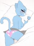  anthro bed bed_covers bedding blue_body blue_fur cartoon_network clothed clothing domestic_cat felid feline felis female fur furgonomics furniture hi_res kobradraws looking_at_viewer mammal mature_female nicole_watterson nipples on_bed panties panties_only pillow pillow_hug smile solo tail the_amazing_world_of_gumball topless underwear underwear_only whiskers 