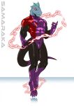  anthro azzy claws clothing fin head_fin hero hi_res latex levitating lizard male muscular red_electricity reptile samaraka scalie solo suit tail white_eyes 