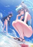  4girls absurdres aircraft animal_ear_fluff animal_ears bare_shoulders beach bikini black_bikini black_hair black_one-piece_swimsuit blue_archive blue_eyes blush breasts cat_ears cloud competition_swimsuit cross_hair_ornament extra_ears eyewear_on_head frilled_bikini frills goggles goggles_on_head grey_hair hair_ornament halo helicopter higashigure highres hoshino_(blue_archive) hoshino_(swimsuit)_(blue_archive) inflatable_toy inflatable_whale long_hair looking_at_viewer medium_breasts medium_hair mismatched_pupils multicolored_clothes multiple_girls nonomi_(blue_archive) nonomi_(swimsuit)_(blue_archive) ocean off-shoulder_bikini off_shoulder official_alternate_costume one-piece_swimsuit outdoors pink_hair ponytail red_eyes sandals serika_(blue_archive) serika_(swimsuit)_(blue_archive) shiroko_(blue_archive) shiroko_(swimsuit)_(blue_archive) sky squatting starfish swimsuit thighs twintails very_long_hair wet white_bikini wolf_ears 