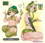  2girls ahoge ass bare_shoulders barefoot branch breasts brown_eyes commentary crop_top english_commentary feet foreshortening from_behind from_side green_hair green_shorts hands_up highres holding holding_branch horns korok makeup mask mask_on_head medium_breasts multiple_girls navel on_one_knee open_mouth patreon_username personification pointy_ears reference_inset short_hair short_hair_with_long_locks shorts snegovski soles the_legend_of_zelda the_legend_of_zelda:_tears_of_the_kingdom thick_eyebrows thighs underboob underbutt web_address 