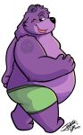  2023 anthro bear belly big_belly black_nose clothing hi_res humanoid_hands jakegr kemono male mammal purple_body simple_background solo tongue tongue_out underwear white_background 